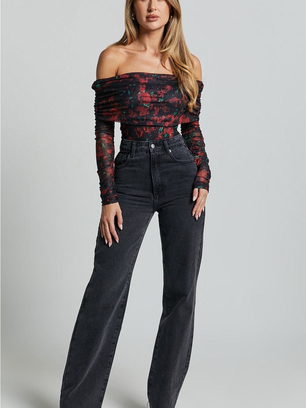 SAUINGKUAI Black & Red Rose Mesh Off-Shoulder Top | Romantic Goth | Y2K